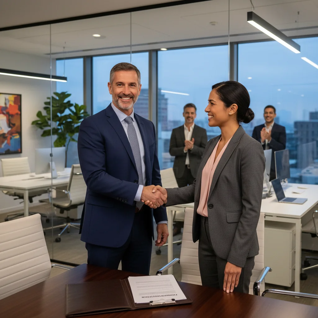 A photorealistic image of a professional adult in a modern office setting, shaking hands with a colleague during a promotion discussion, symbolizing career advancement and the justification for a promotion memo, with no children present.