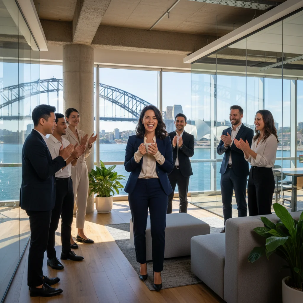 A photorealistic image of a professional adult employee in a modern Australian office environment, celebrating a promotion with a confident smile, symbolizing career advancement and the purpose of a promotion justification memo.