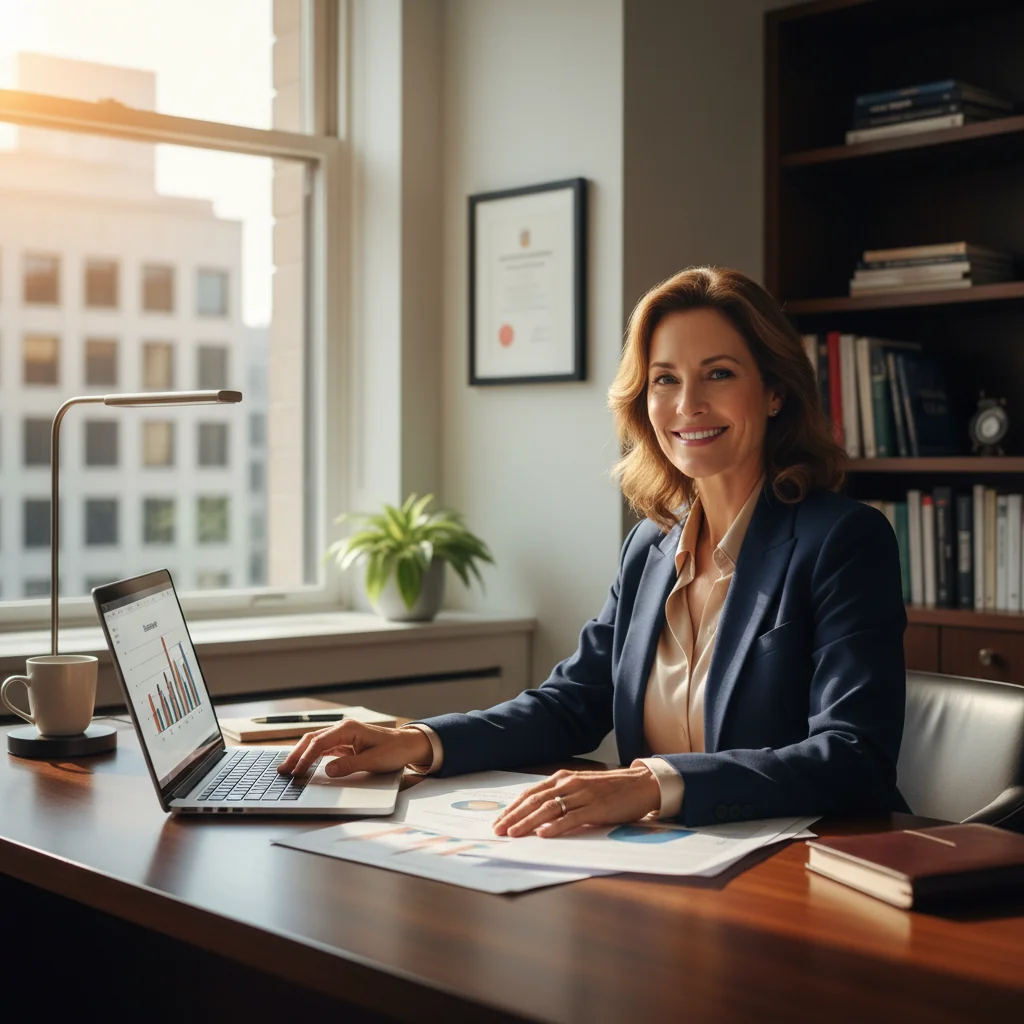 A photorealistic image of a professional adult in a modern office setting, confidently reviewing documents on a desk with a subtle expression of achievement, symbolizing career advancement and the preparation of a justification memo. The scene conveys success and professionalism without focusing on the document itself. No children are present in the image.