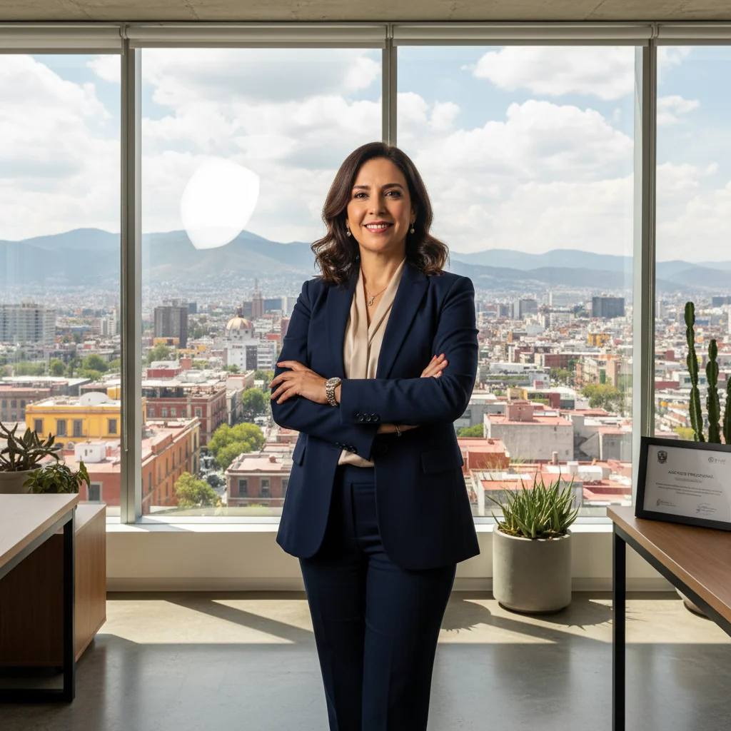 A photorealistic image of a professional Mexican office worker, an adult in business attire, standing confidently in a modern office environment in Mexico City, symbolizing career advancement and promotion justification, with subtle Mexican cultural elements like a flag or cityscape in the background, evoking success and professional growth.