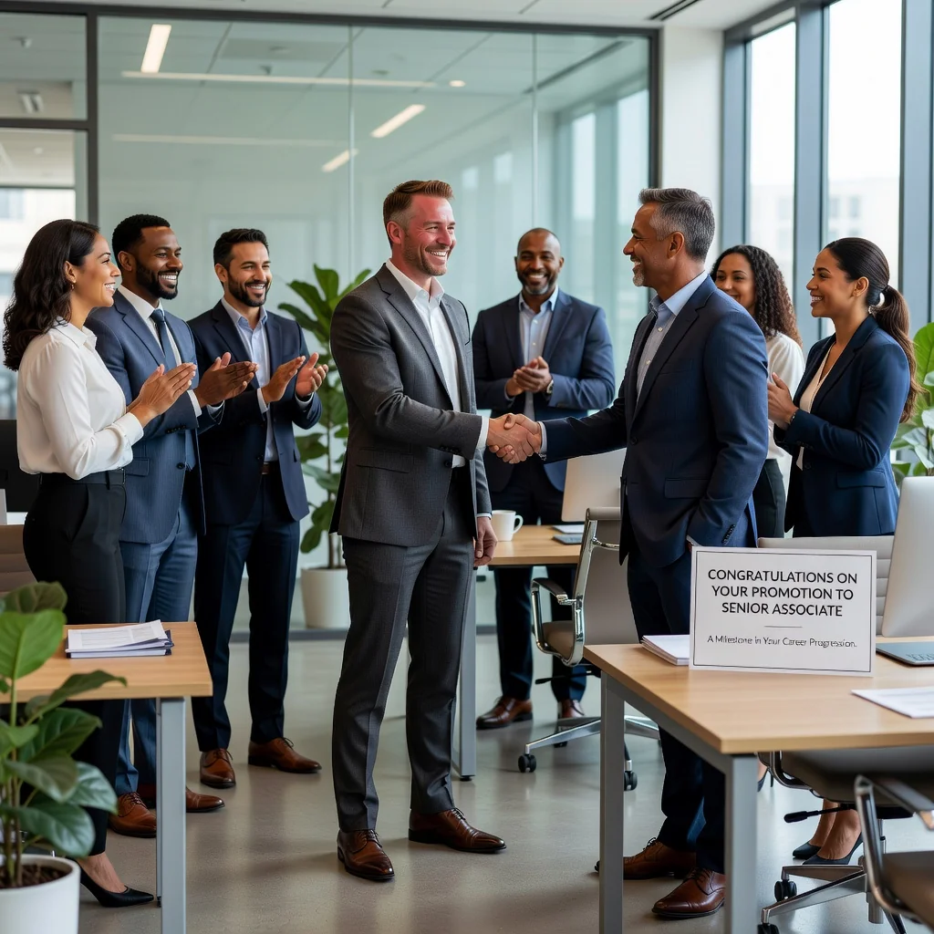 A photorealistic image depicting career advancement and professional growth in a corporate setting, showing a diverse group of adult professionals in a modern office environment, celebrating a promotion with handshakes and smiles, symbolizing the success of a well-justified memo.