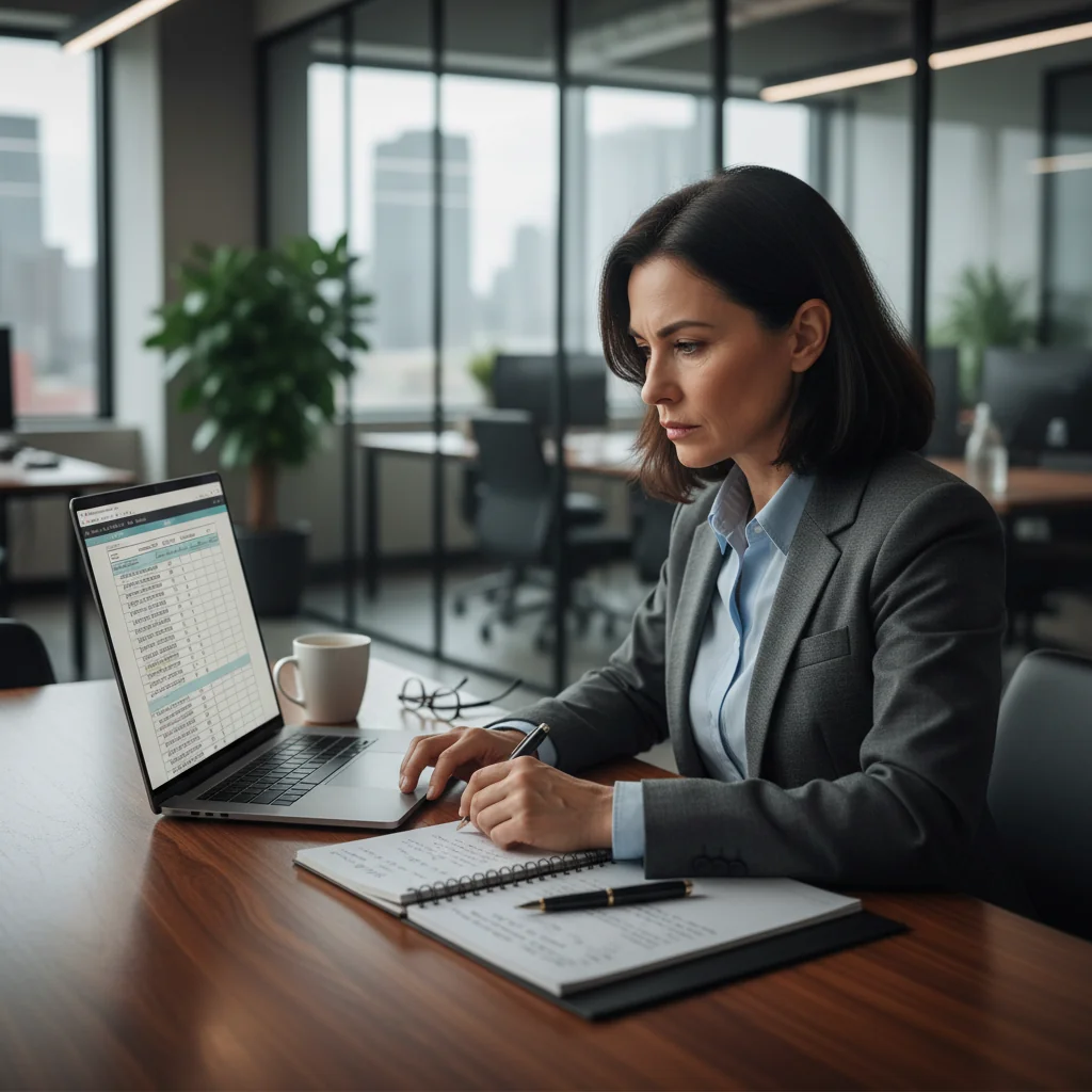 A professional adult businessperson in a modern office setting, looking thoughtful while reviewing a document on a computer screen, symbolizing careful justification and avoiding errors in formal memos. The scene conveys accuracy, focus, and professionalism without showing any corporate documents directly.