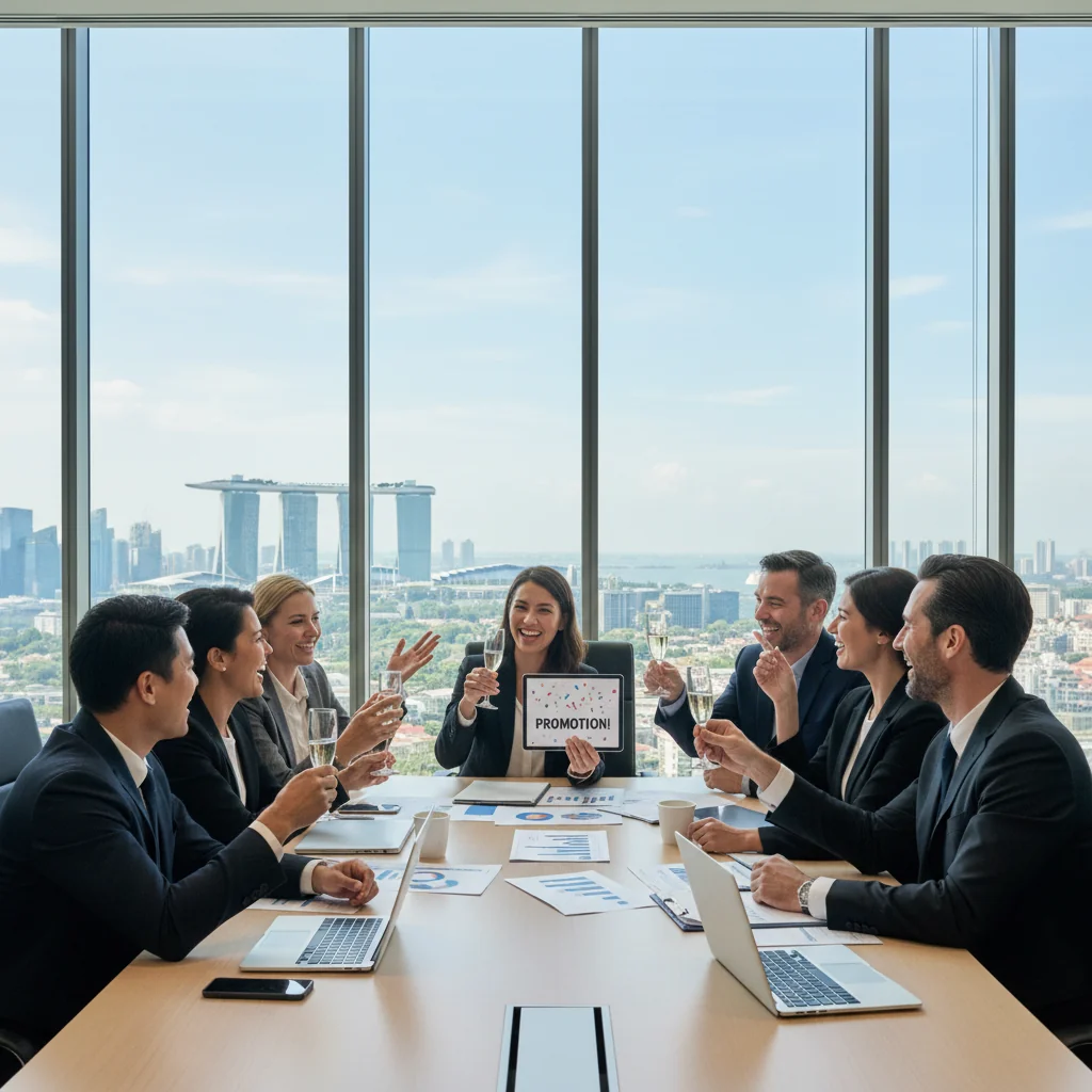 A photorealistic image of a diverse group of professional adults in a modern Singapore office setting, engaged in a positive promotion discussion, symbolizing career advancement and avoiding common mistakes in justification memos. The scene includes businesspeople shaking hands or reviewing charts on a digital screen, with Singapore skyline visible through large windows, conveying success and professionalism. No children are present in the image.