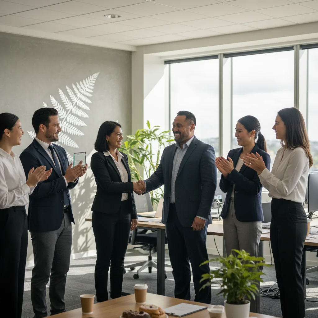 A photorealistic image depicting professional growth and career advancement in a New Zealand workplace, showing a diverse group of adult employees in a modern office engaging in a positive discussion with a manager, symbolizing promotion and recognition, with subtle New Zealand elements like a kiwi bird motif in the background decor. No children are present. The image is entirely photorealistic, not a graphic, drawing, or illustration.