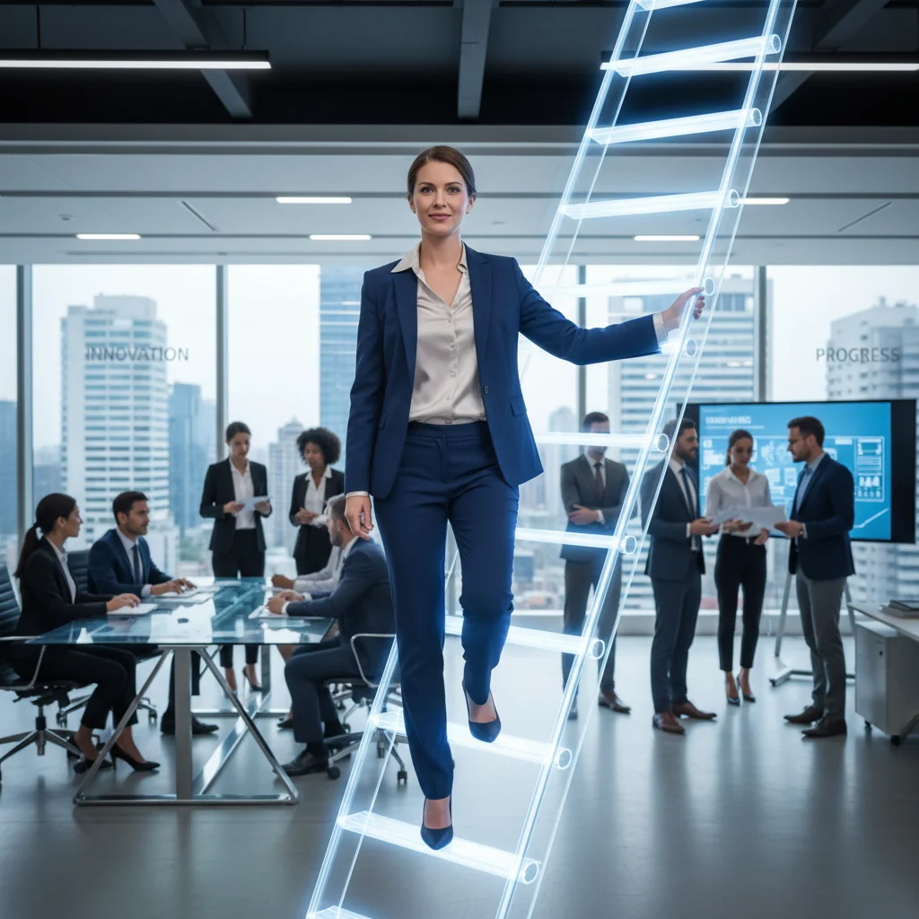 A photorealistic image of a confident professional adult climbing a corporate ladder in a modern office environment, symbolizing career advancement and workplace competitiveness through strategic preparation like a promotion memo.