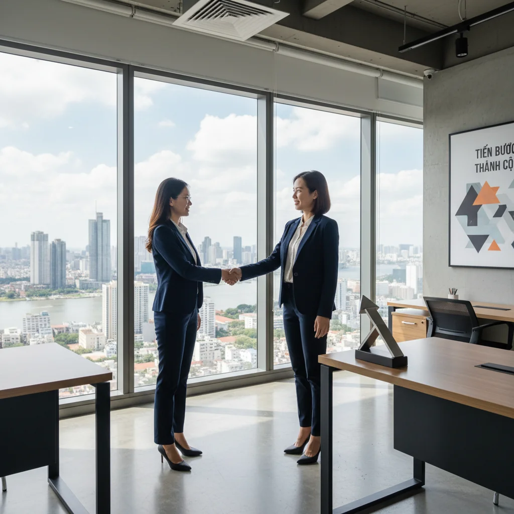 A photorealistic image symbolizing career advancement and promotion in a professional Vietnamese corporate setting. It features a middle-aged Vietnamese business professional in a suit, standing confidently in a modern office with a subtle upward trajectory like a rising graph or staircase in the background, conveying achievement and success without showing any documents.