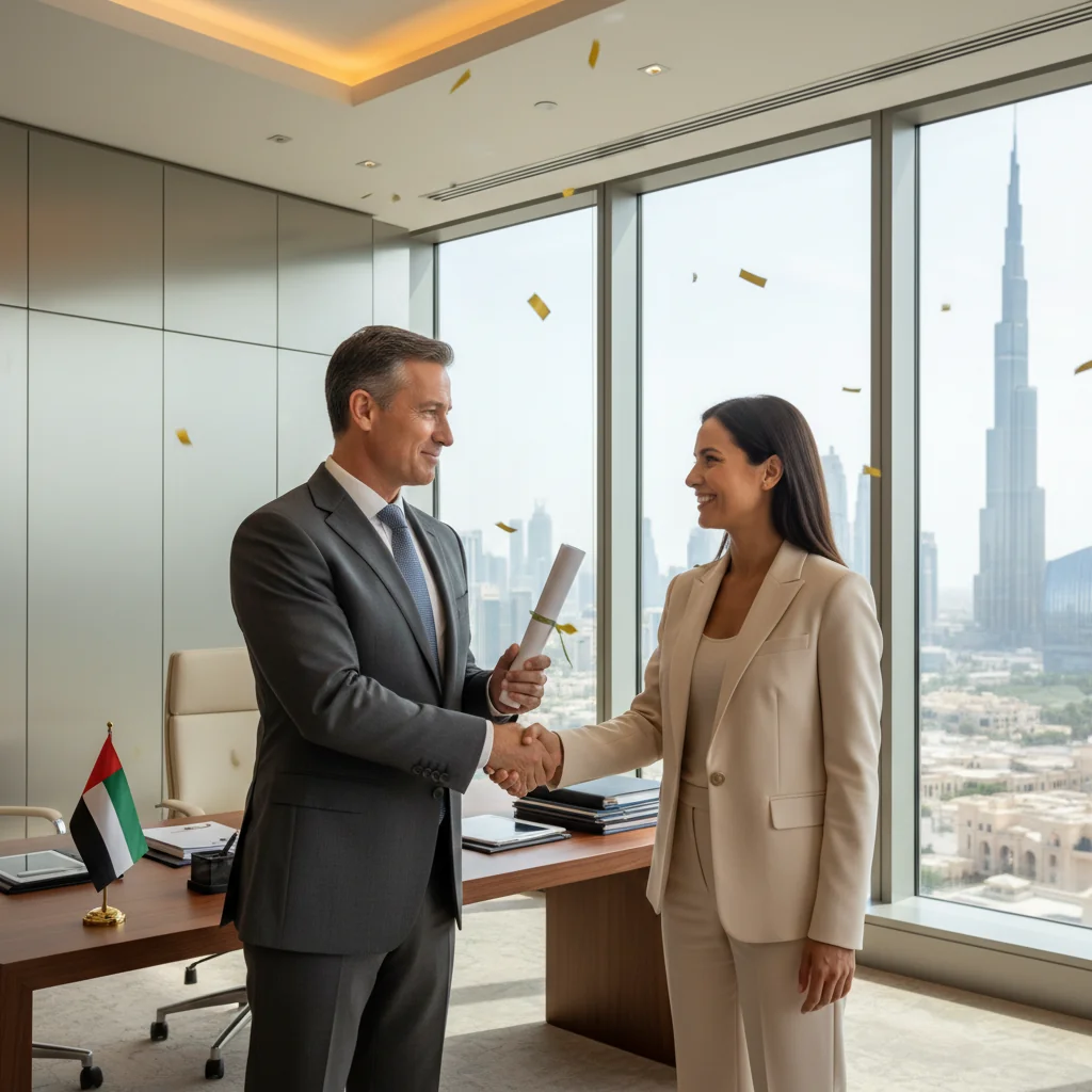 A photorealistic image of a professional adult employee in a modern UAE office setting, shaking hands with a manager during a promotion ceremony, symbolizing career advancement and success in the Emirates workplace, with elements like the UAE flag in the background and a sense of achievement, no children present.