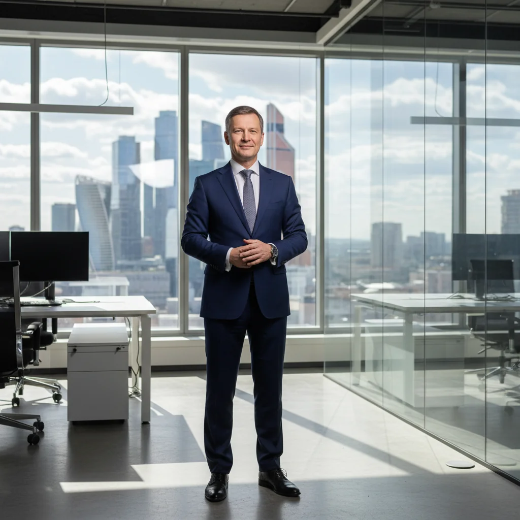 A photorealistic image of a professional adult employee in a modern Russian office setting, celebrating a promotion with a confident smile, standing near a window overlooking a cityscape, symbolizing career advancement and justification for position upgrade.