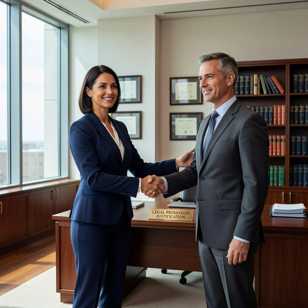 A photorealistic image of a professional adult employee receiving a promotion in a modern office setting, shaking hands with a manager, symbolizing career advancement and legal justification for job promotion, with no children present.