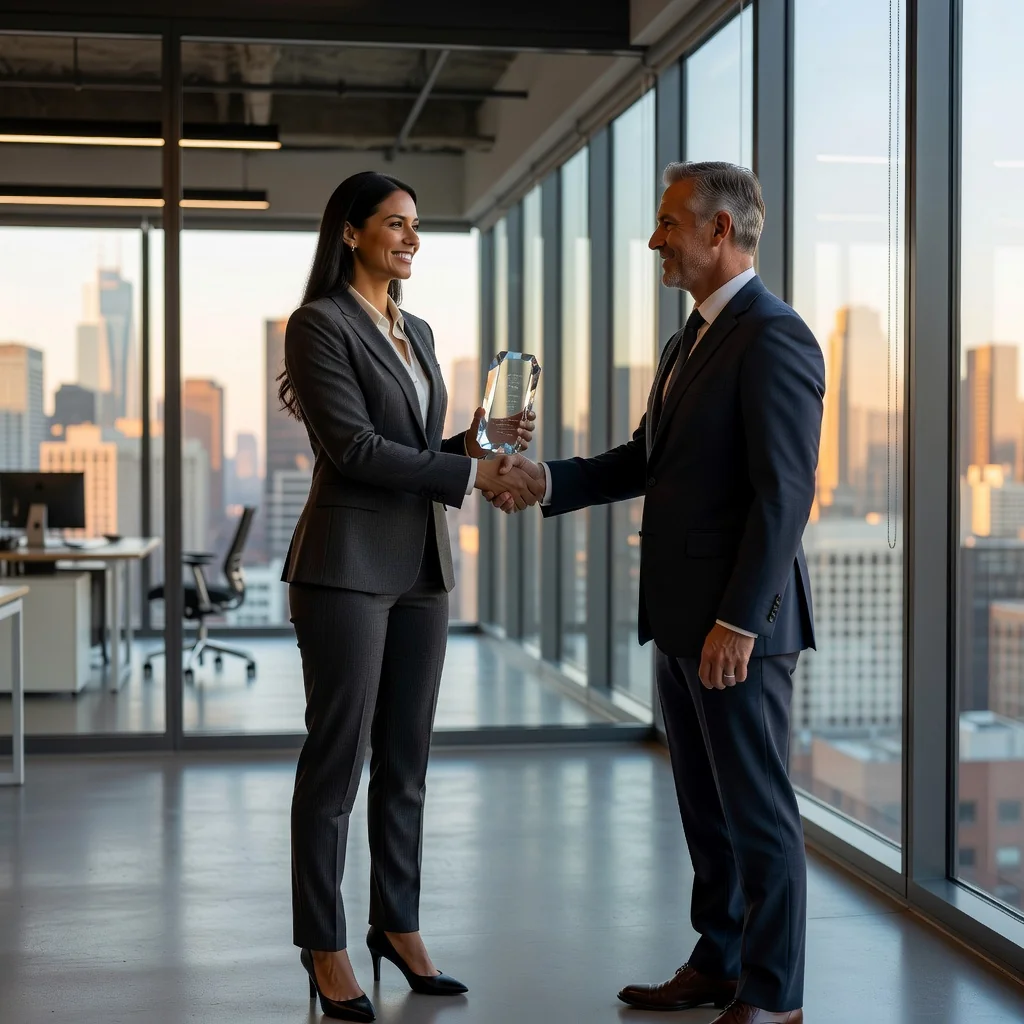 A photorealistic image of a professional adult in a modern office setting, celebrating a promotion with a confident smile, holding a certificate or shaking hands with a colleague, symbolizing career advancement and recognition in the US corporate environment.