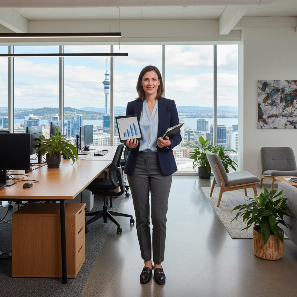 A photorealistic image of a professional adult employee in a modern New Zealand office setting, looking accomplished and ready for promotion, symbolizing career advancement and justification for a promotion memo.