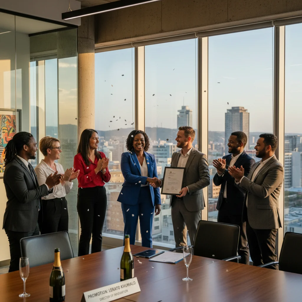 A photorealistic image of a professional adult employee in a South African office setting, shaking hands with a manager during a promotion discussion, symbolizing career advancement and justification for promotion, with subtle South African elements like a flag or cityscape in the background. No children present.