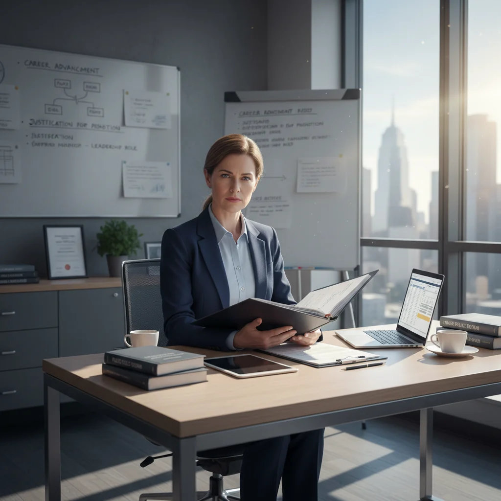 A photorealistic image of a professional adult civil servant in a modern office environment, confidently preparing for a promotion discussion, symbolizing career advancement and administrative achievement for government employees.