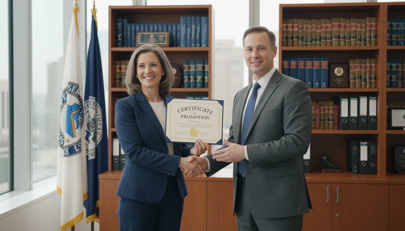 Civil servant receiving promotion certificate from superior