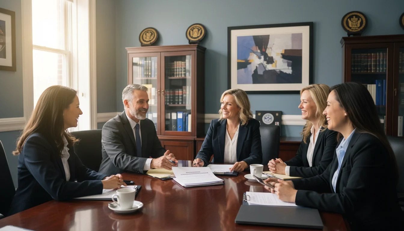 Group of adult colleagues discussing career advancement
