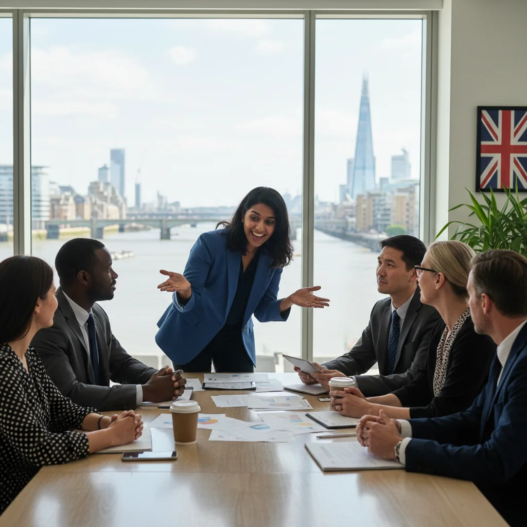 A photorealistic image of a professional business meeting in a modern UK office, where a manager is discussing promotion details with an adult employee, symbolizing career advancement and legal aspects of workplace promotions, with Union Jack elements in the background to indicate the United Kingdom setting. No children or documents are visible.