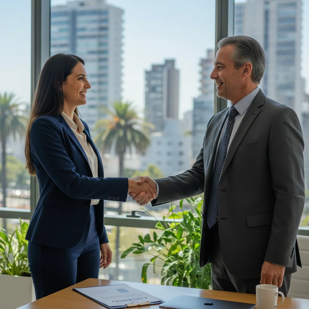 A photorealistic image of a professional adult employee in a modern Argentine office, receiving a promotion handshake from their manager, symbolizing career advancement and justification for promotion in a corporate setting, with subtle Argentine elements like a flag or Buenos Aires skyline in the background, no children present.