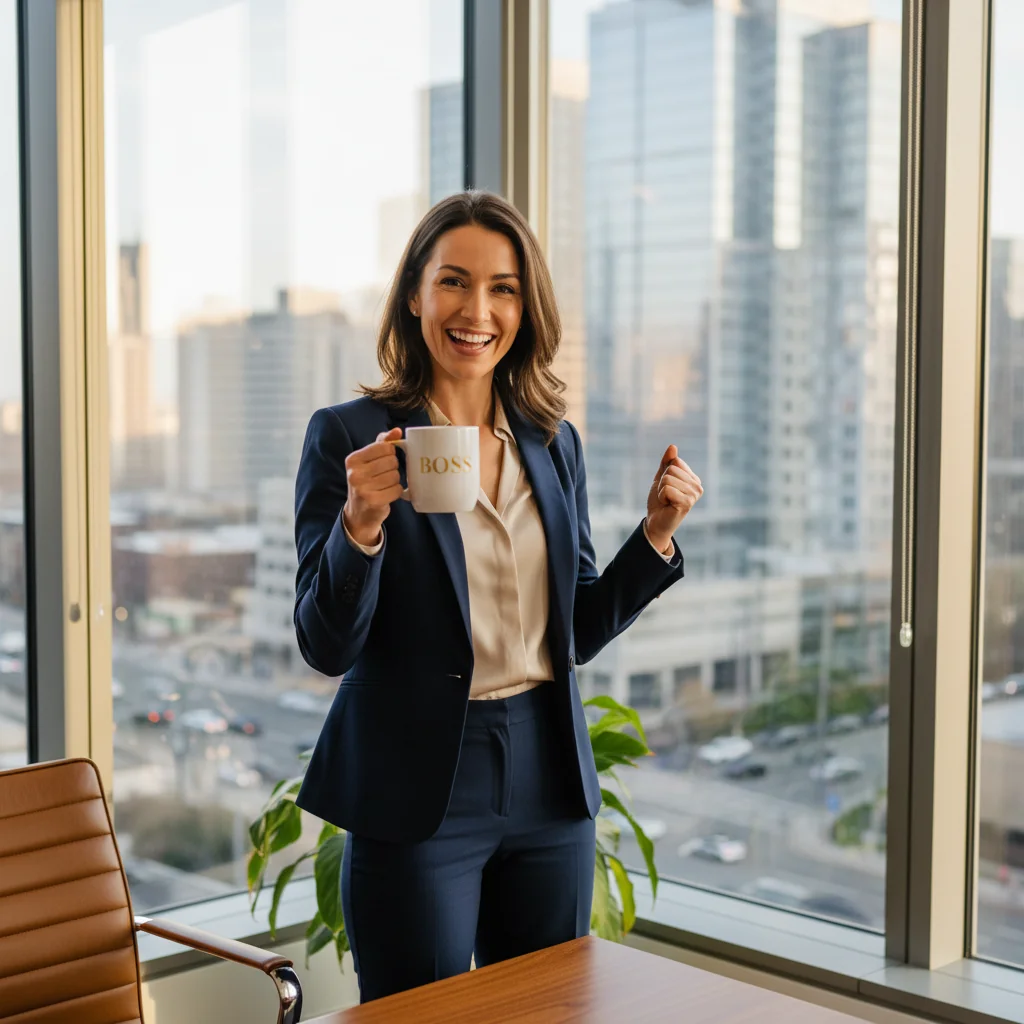 A photorealistic image of a professional adult in a modern office environment, celebrating a promotion with a confident smile and a subtle thumbs-up gesture, symbolizing career advancement and success in a corporate setting. The scene captures the essence of preparing for a job promotion without focusing on documents.