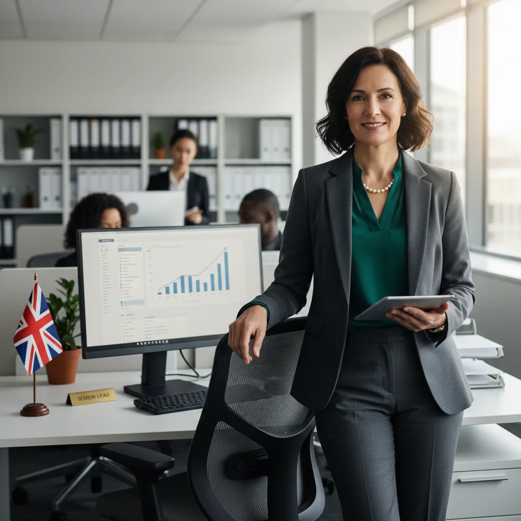 A photorealistic image of a professional adult employee in a modern UK office environment, looking confident and satisfied after a promotion, symbolizing career advancement and justification in a corporate setting.