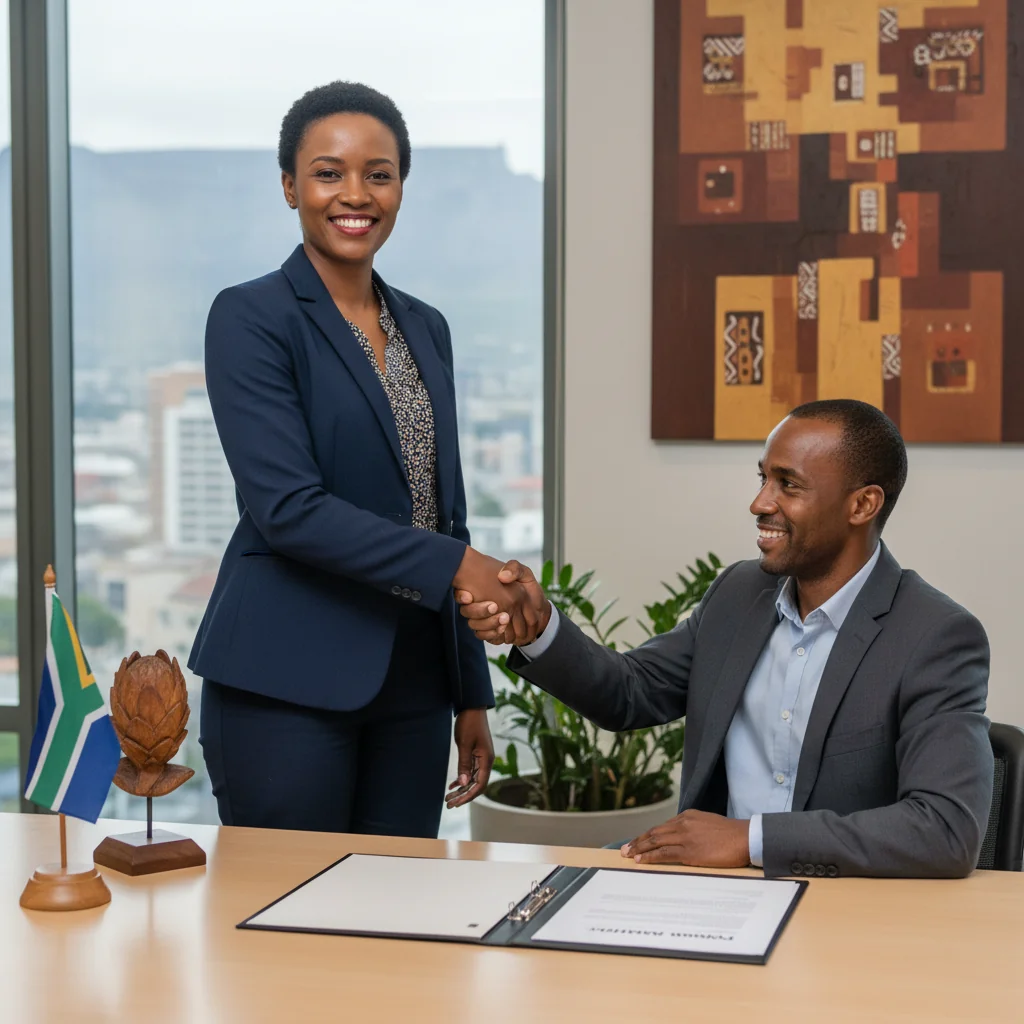 A photorealistic image of a professional adult employee in a modern South African office setting, smiling confidently while shaking hands with a manager during a promotion discussion, symbolizing career advancement and job promotion in a corporate environment, diverse South African workforce represented, no children present.