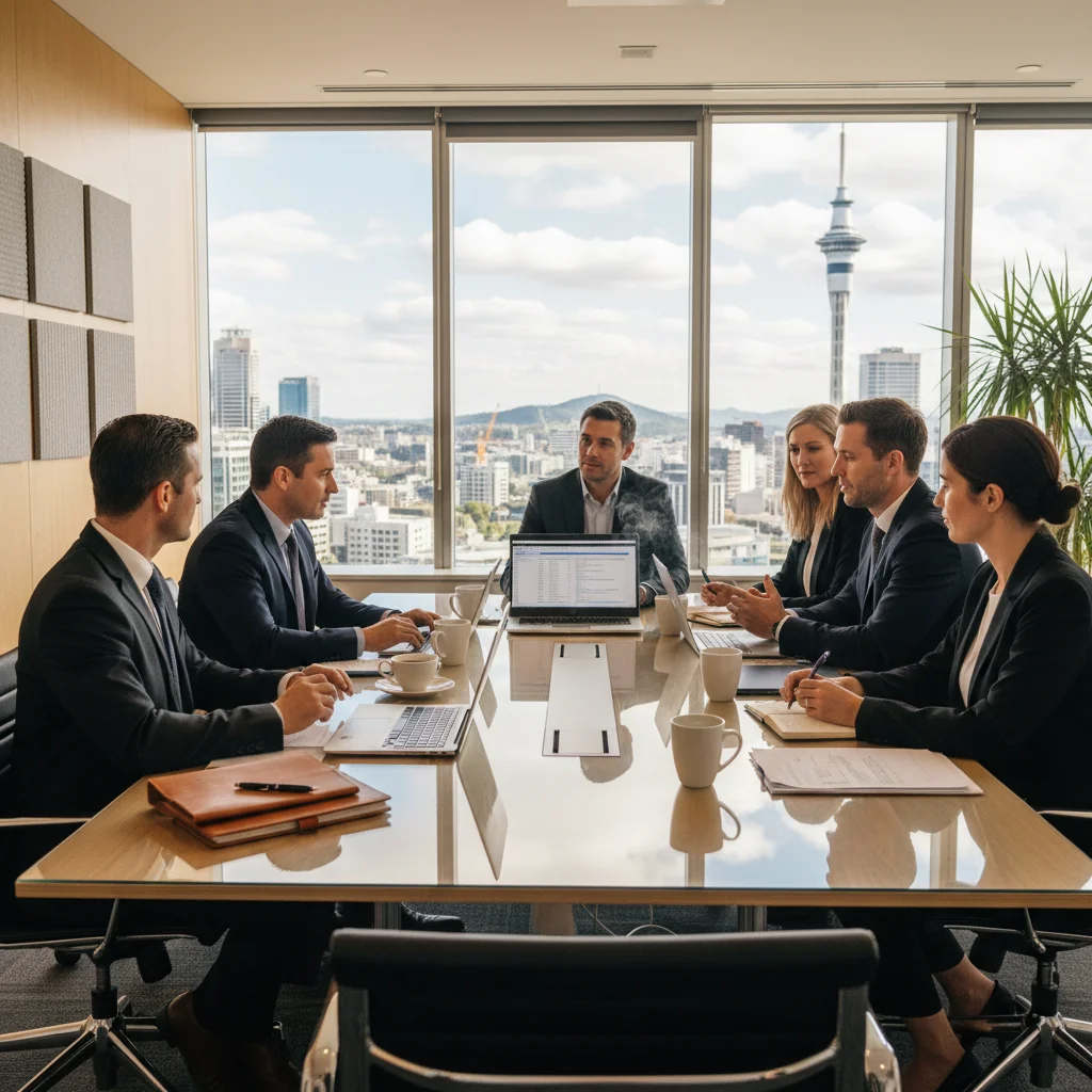 A photorealistic image of a professional business meeting in a modern New Zealand office, where a diverse group of adult colleagues are discussing promotion strategies around a conference table, with subtle Kiwi elements like a view of Auckland skyline in the background, symbolizing legal compliance and career advancement in the workplace.