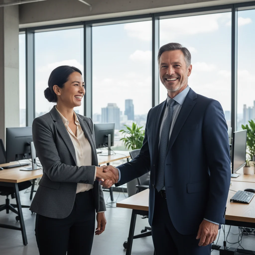 A photorealistic image of a professional adult employee in a modern office setting, smiling confidently as they receive a promotion handshake from their manager, symbolizing career advancement and the purpose of a promotion justification memo, with no children present and no documents visible.