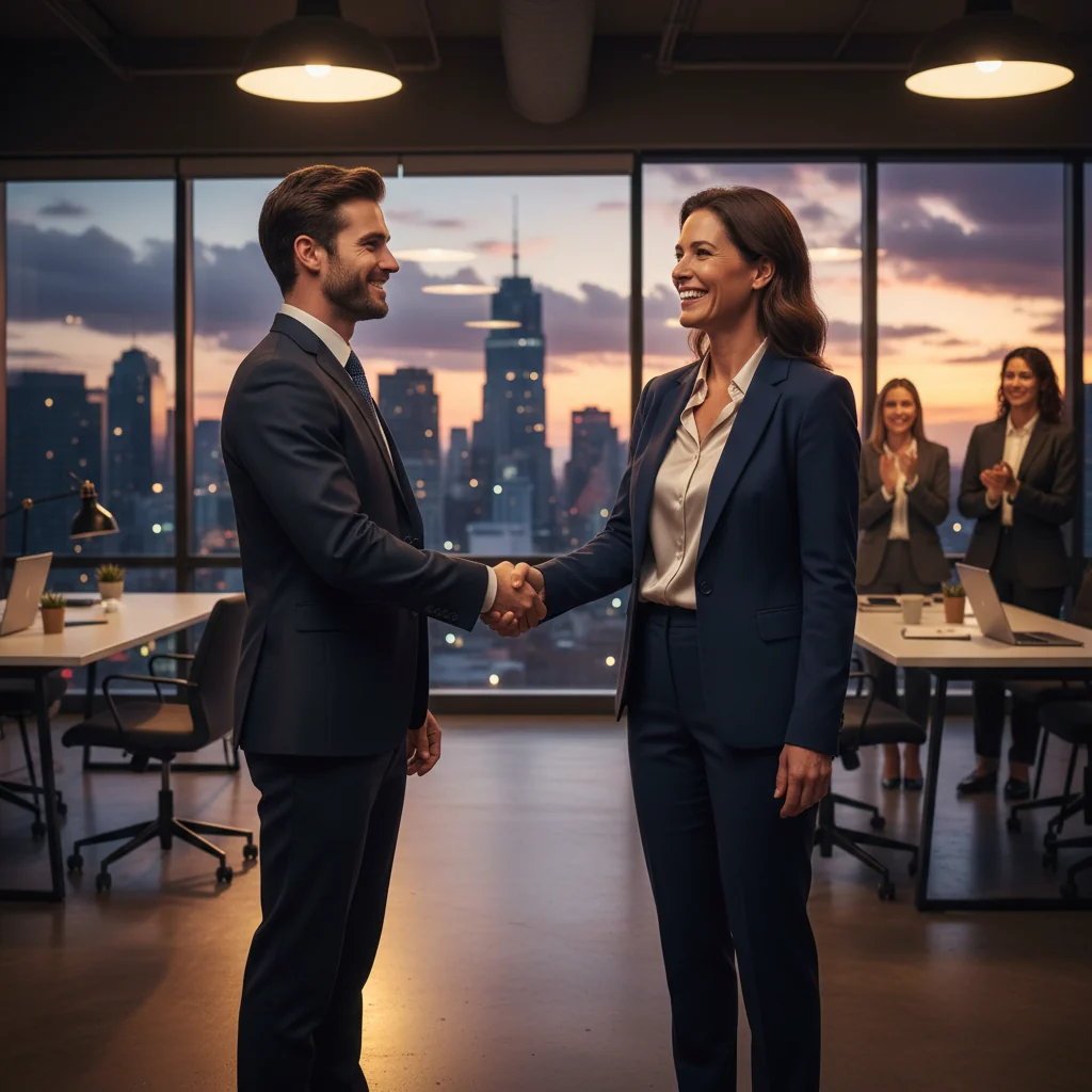A photorealistic image of a confident adult professional in a modern office setting, celebrating a career promotion by shaking hands with a colleague or receiving a symbolic key to success, conveying achievement and persuasion in a corporate environment, no documents visible, no children present.