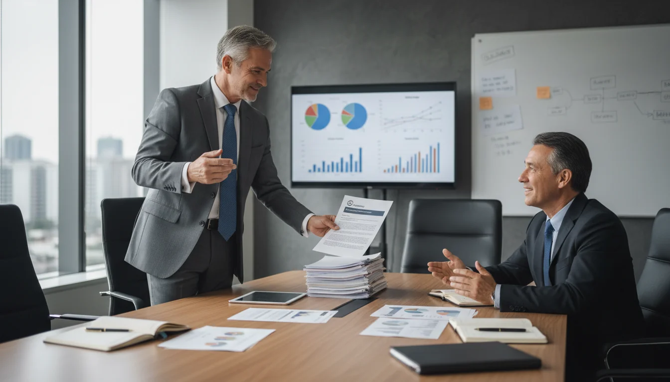 Confident adult presenting to boss