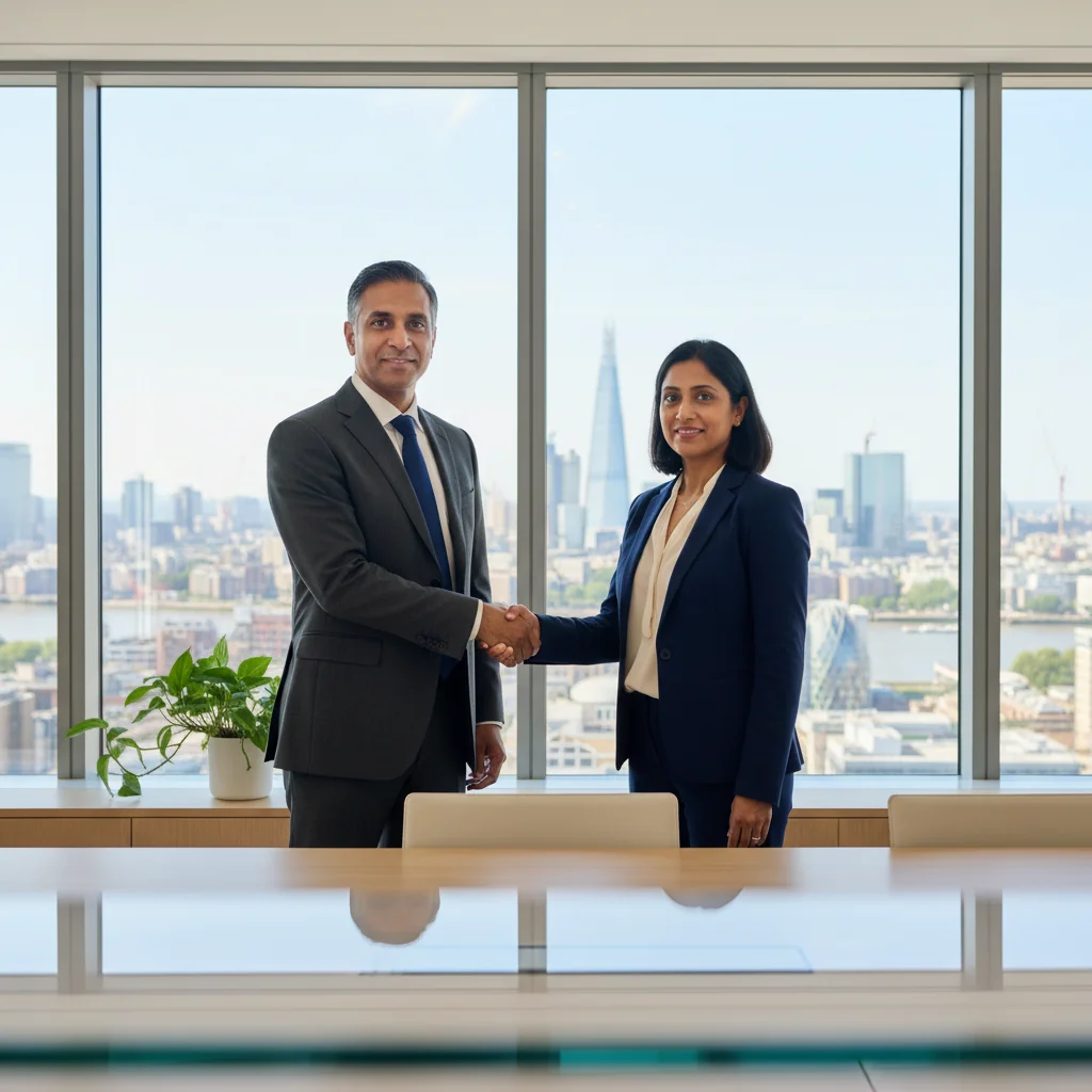 A photorealistic image of a professional adult employee in a modern UK office setting, celebrating a promotion with a subtle smile and handshake with a colleague, symbolizing career advancement and recognition in the workplace.