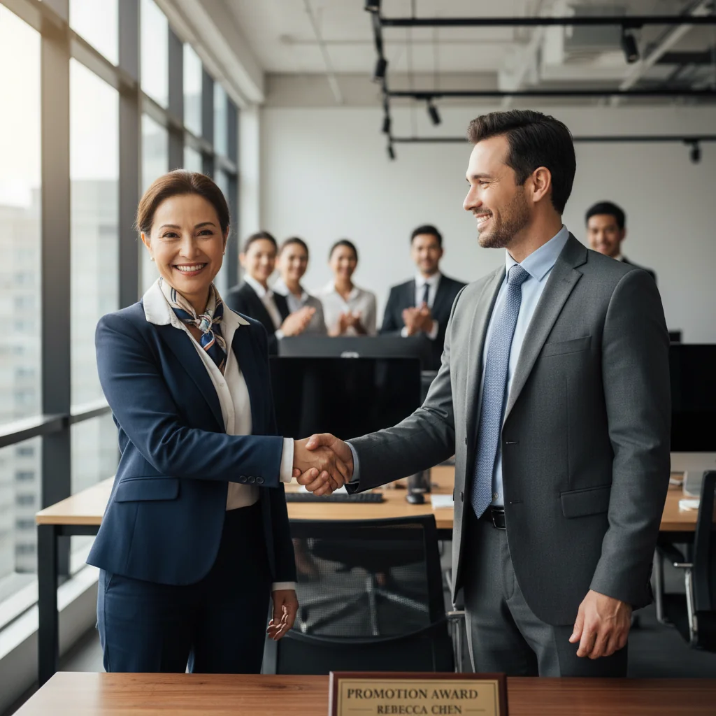 A photorealistic image of a professional adult in a modern office setting, celebrating a promotion with a confident smile and a handshake with a colleague, symbolizing career advancement and justification for promotion.