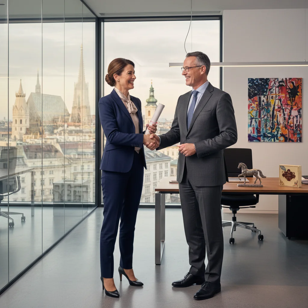 A photorealistic image of a professional adult employee in a modern Austrian office setting, receiving a congratulatory handshake from their manager during a promotion ceremony, symbolizing career advancement and the rationale behind a promotion memo, with no children present and no documents visible.