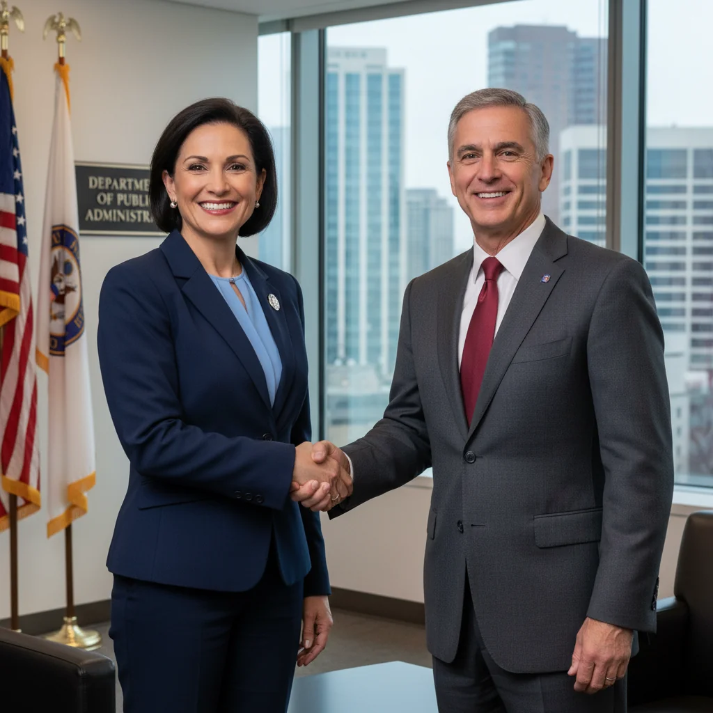 A photorealistic image of a professional adult public servant in a government office, receiving a promotion handshake from a superior, symbolizing career advancement and justification in public service, with no children present.