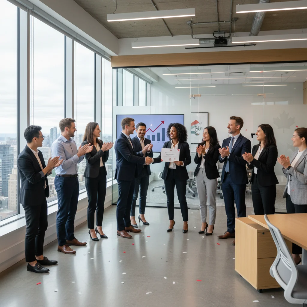 A photorealistic image of a diverse group of adult professionals in a modern Canadian office setting, celebrating a promotion with handshakes and smiles, symbolizing career advancement and employee recognition for employers.