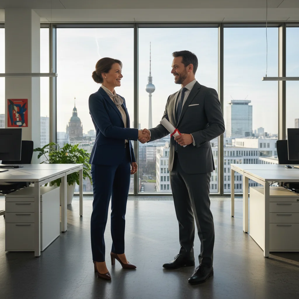 A photorealistic image of a professional adult employee in a modern German office setting, looking accomplished and ready for promotion, perhaps shaking hands with a colleague or receiving a congratulatory pat on the back, symbolizing career advancement and workplace success.