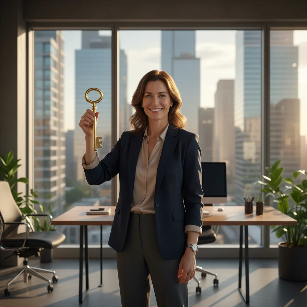 A photorealistic image of a professional adult in a modern office environment, celebrating a career promotion with a confident smile, holding a symbolic key to success, representing achievement and justification for advancement, no documents visible, no children present.