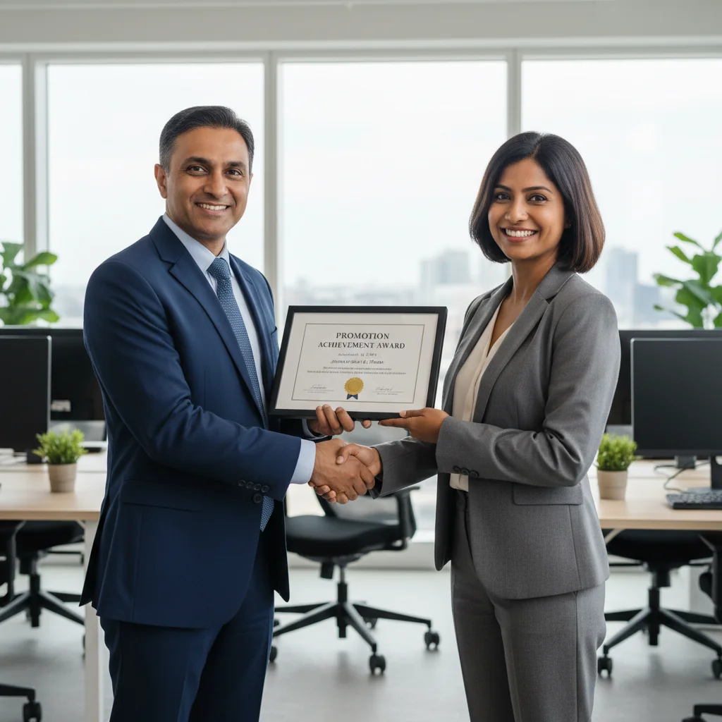 A photorealistic image of a professional Indian adult employee in a modern office setting, receiving a promotion certificate from their manager, symbolizing career advancement and legal justification in promotions, with a sense of achievement and professionalism.