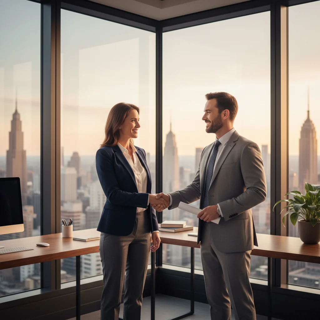A photorealistic image of a professional adult woman in a modern office environment, confidently shaking hands with her boss after receiving a promotion, symbolizing career success and achievement through preparation like a justification memo, no documents visible, no children present.