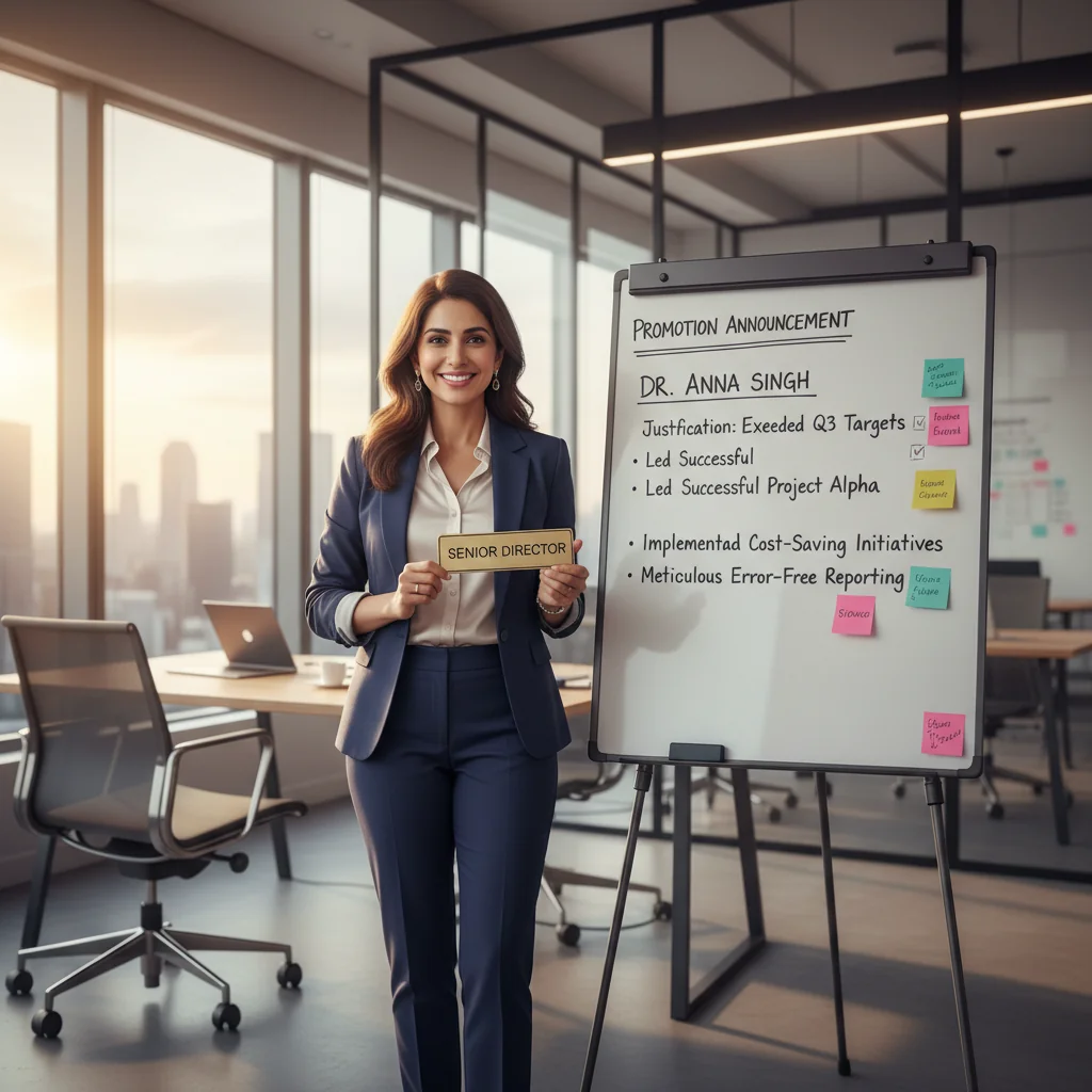 A photorealistic image of a professional adult employee in a modern office setting, looking confident and satisfied after receiving a promotion, symbolizing career advancement and avoiding mistakes in justification memos. The scene captures a moment of achievement, such as shaking hands with a manager or reviewing positive feedback on a computer, with no documents visible. No children are present in the image.