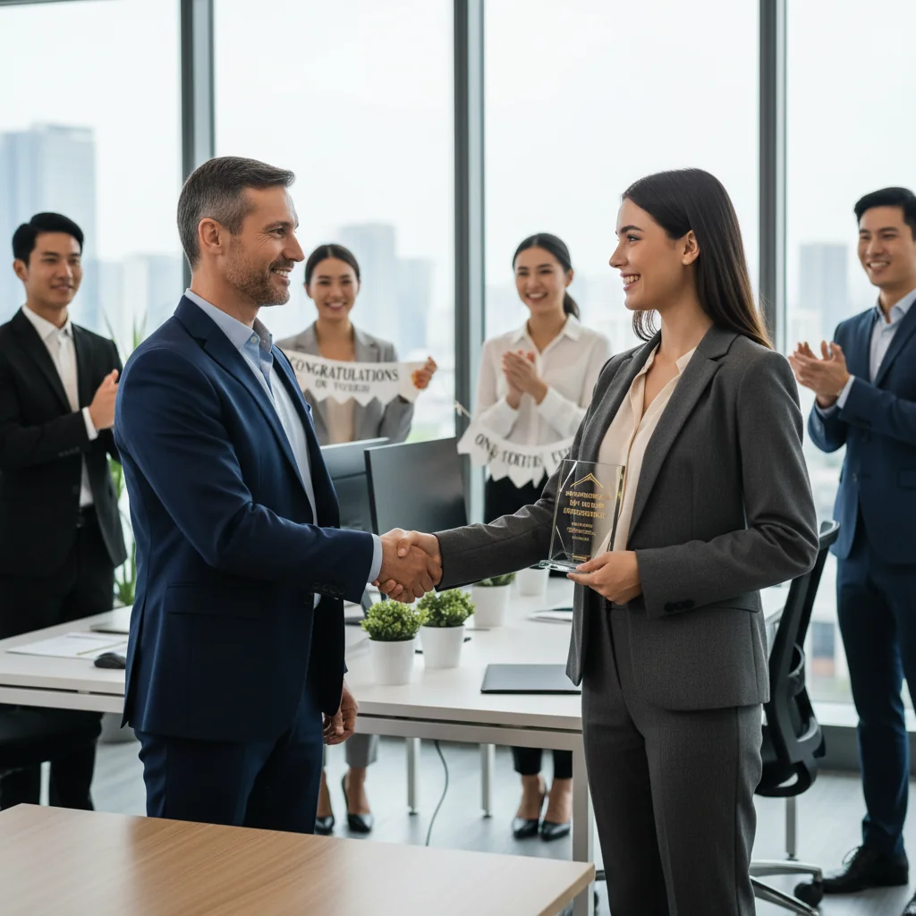 A photorealistic image of a professional office setting where a manager is congratulating an employee on a promotion, with handshakes and smiles, symbolizing career advancement and implementation of promotion processes.