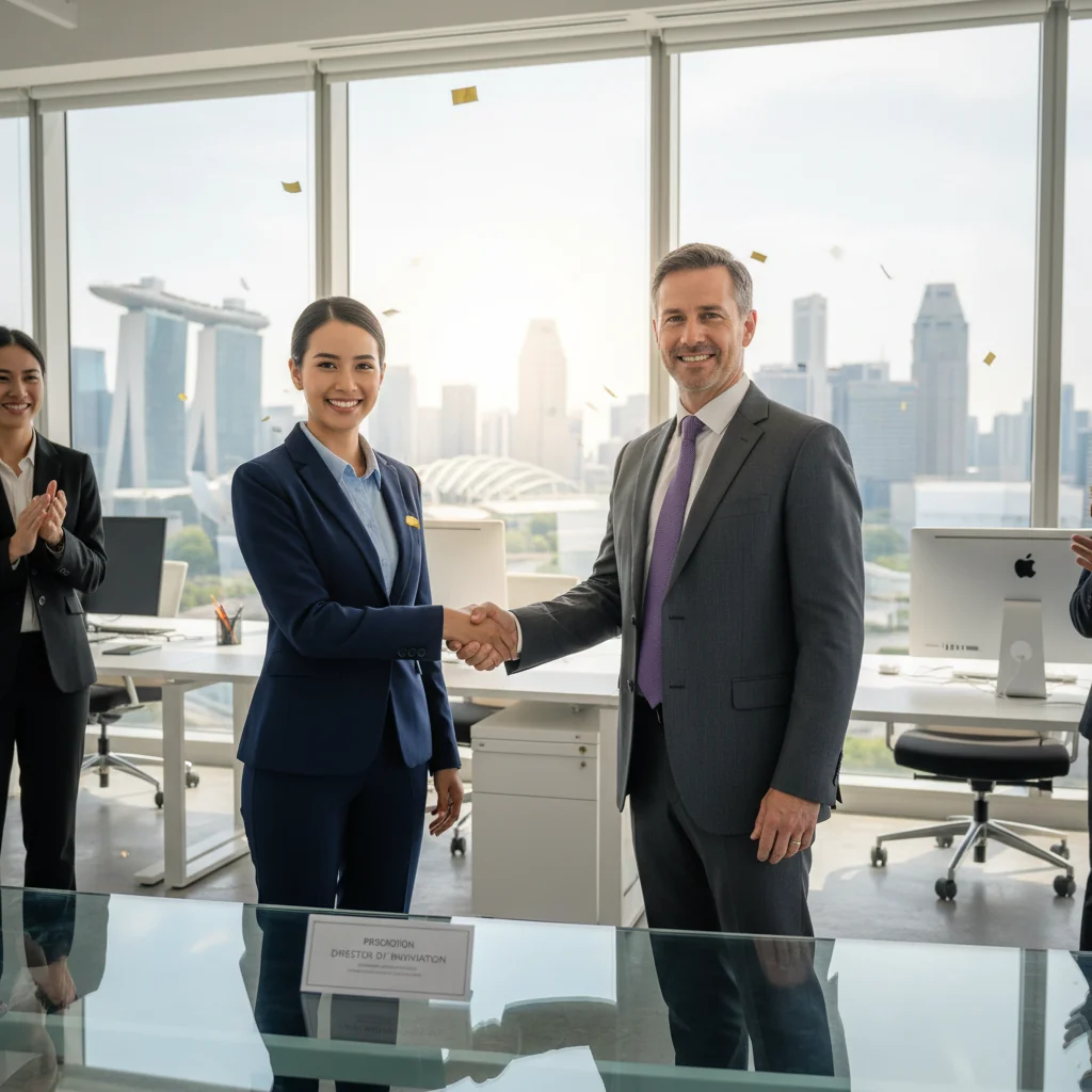 A photorealistic image of a professional adult employee in a modern Singapore office, smiling confidently while shaking hands with a colleague during a promotion discussion, symbolizing career advancement and justification for promotion, with subtle Singapore skyline in the background, no children present.