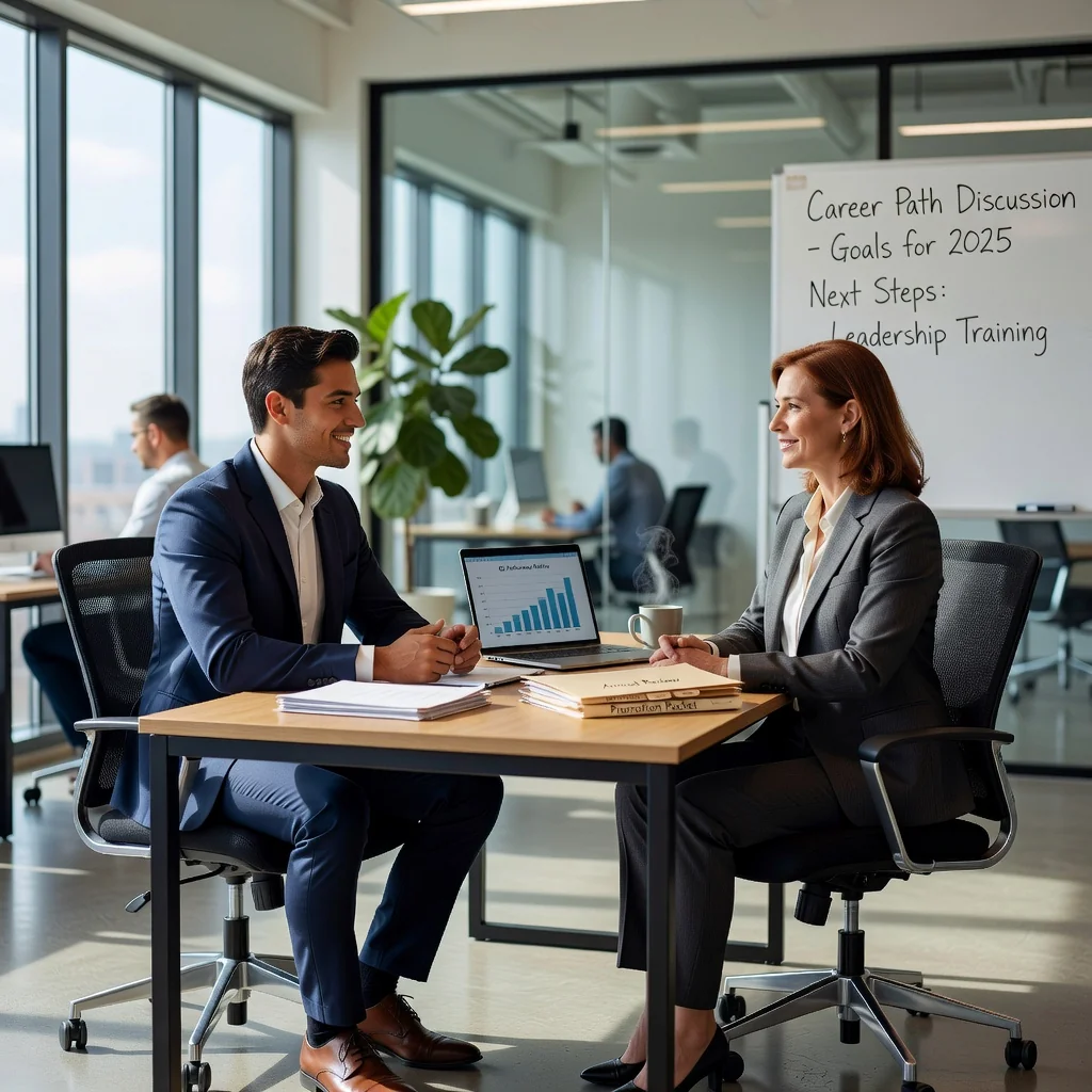 A photorealistic image of a professional adult employee in a modern office setting, confidently discussing career advancement with a manager, symbolizing successful promotion justification without any focus on documents.