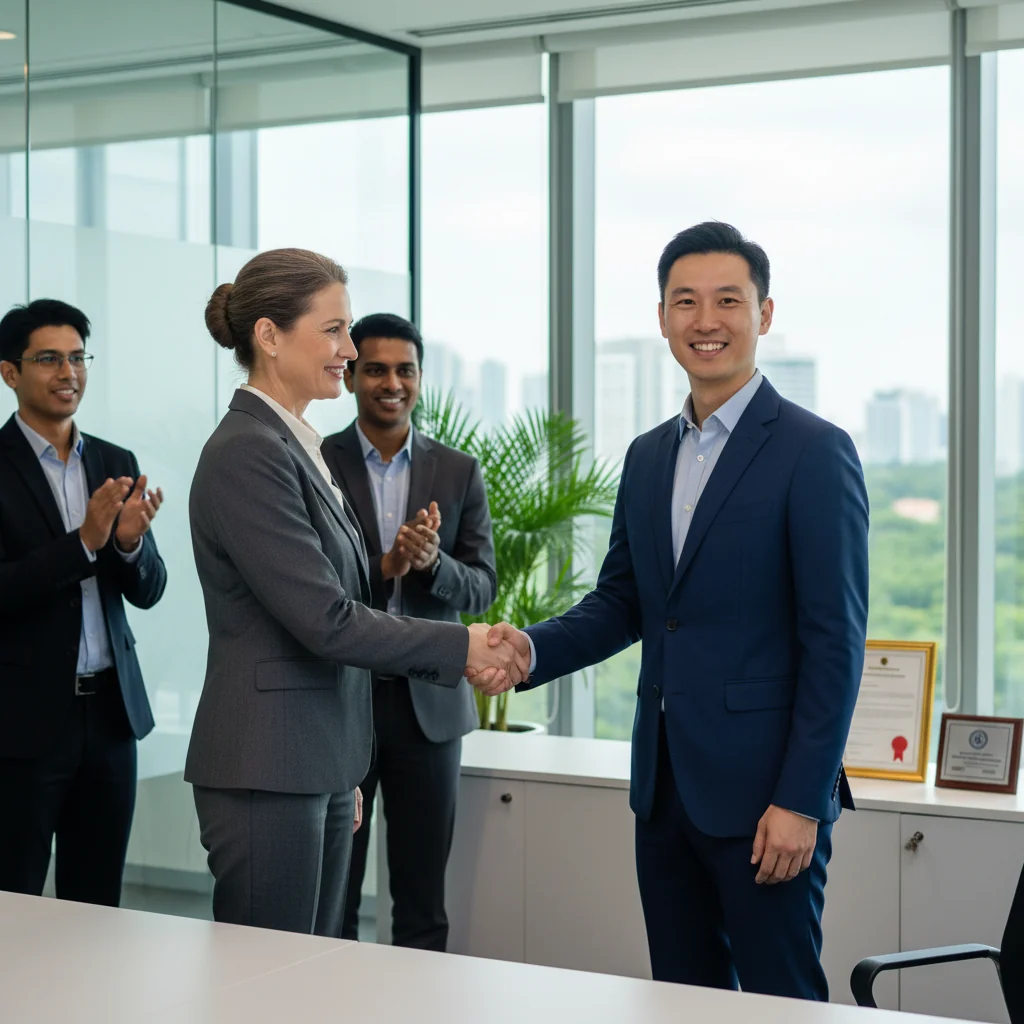 A photorealistic image of a professional adult employee in a modern Singapore office, shaking hands with a manager during a promotion discussion, symbolizing career advancement and recognition for employers.