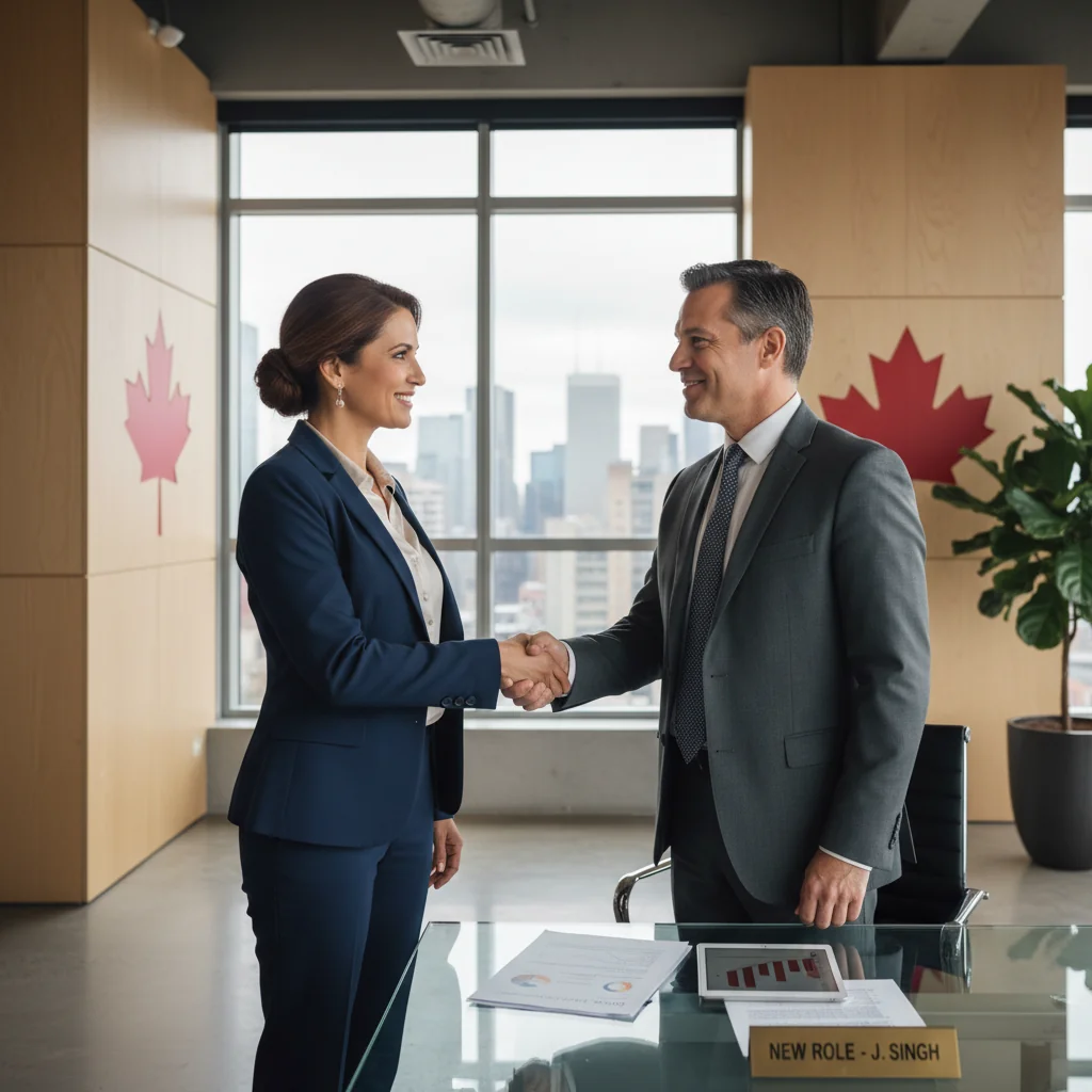 A photorealistic image of a professional adult employee in a modern Canadian office setting, celebrating a promotion with a handshake from their manager, symbolizing career advancement and justification for promotion in a business context. No children or documents are visible.