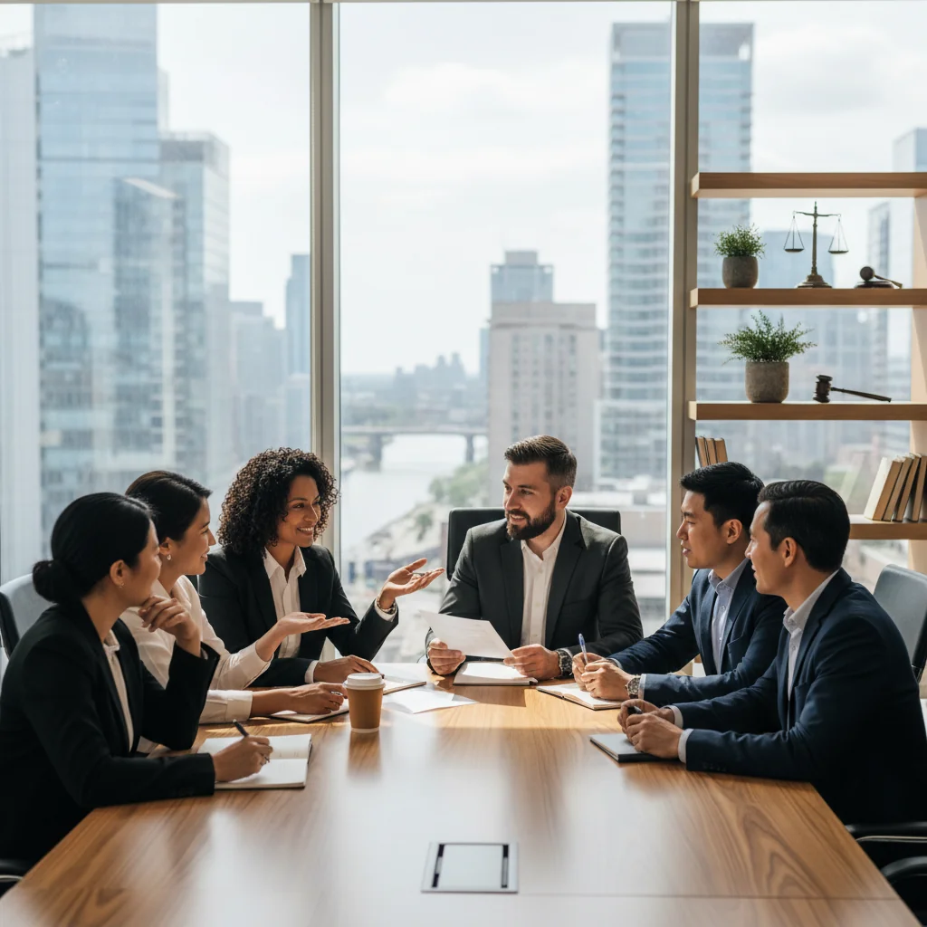 A photorealistic image of a diverse group of adult professionals in a modern Canadian office setting, engaged in a constructive discussion about workplace promotion, symbolizing fairness and legal compliance in career advancement, with elements like a Canadian flag in the background, no children present.