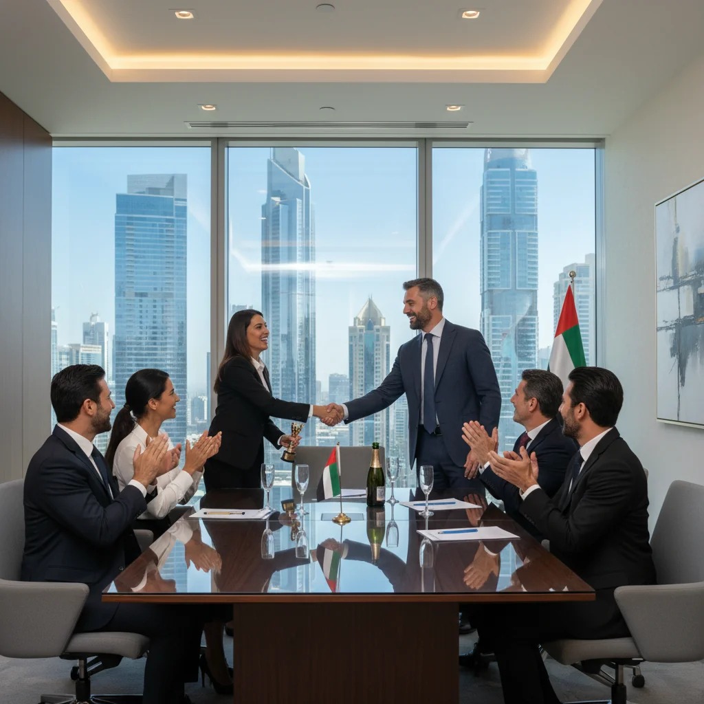A professional corporate office scene in the UAE, featuring a diverse group of adult business professionals in suits shaking hands over a conference table, symbolizing career advancement and promotion justification, with modern Dubai skyline visible through large windows in the background.