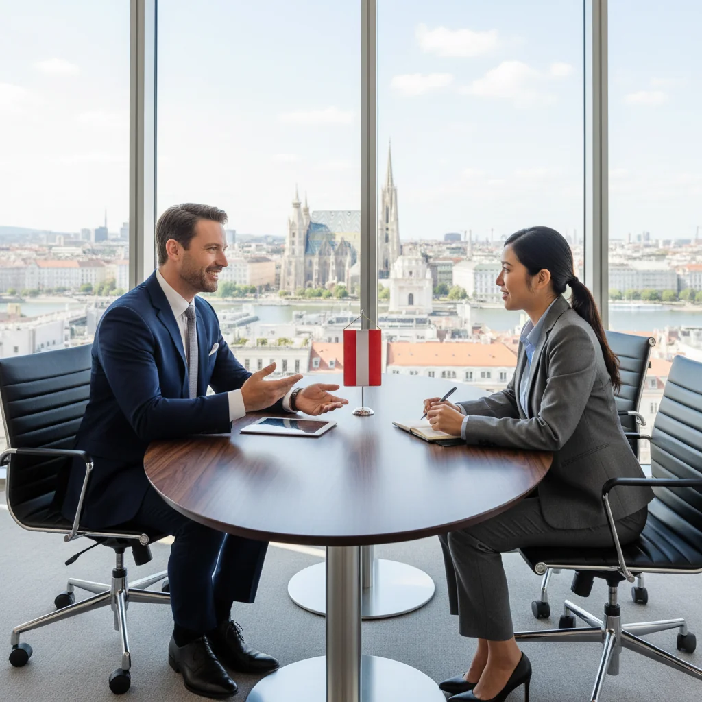 A photorealistic image of a professional business meeting in a modern Austrian corporate office, where a manager is discussing career advancement with an employee, symbolizing promotion justification memos. The scene includes adults in business attire, with elements like the Austrian flag or Vienna skyline in the background, conveying success and professional growth in an Austrian corporate context.