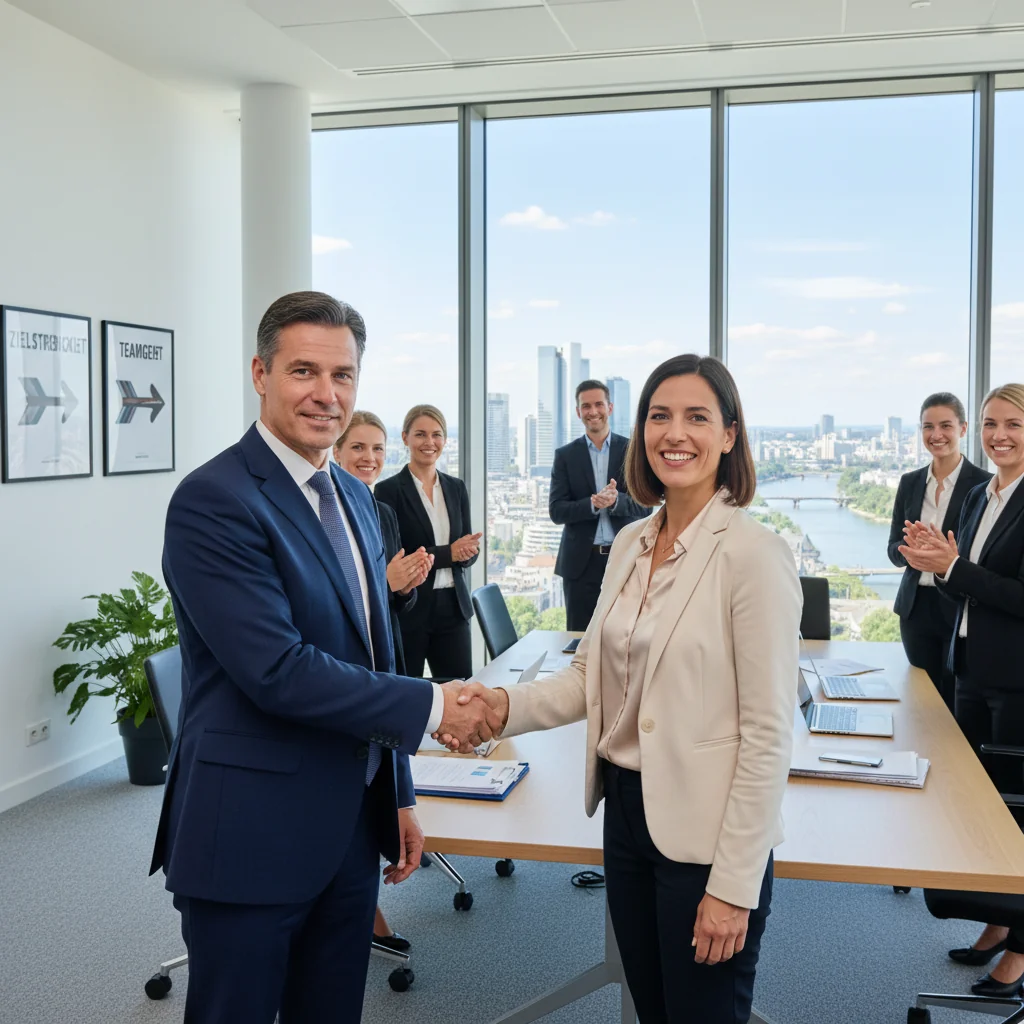 A photorealistic image of a professional business meeting in a modern German corporate office, where a manager is discussing a promotion with an adult employee, symbolizing career advancement and the purpose of a promotion justification memo.