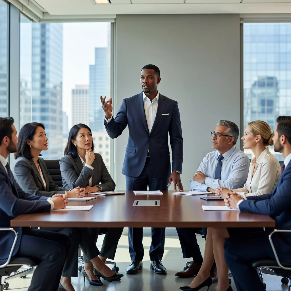 A professional office setting where a corporate employee is confidently presenting a promotion justification to a manager during a meeting, symbolizing career advancement and recognition in a US business environment.
