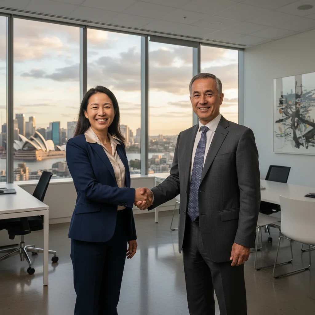 A photorealistic image of a professional adult employee in a modern Australian corporate office, shaking hands with a manager during a promotion discussion, symbolizing career advancement and justification for promotion, no documents visible, diverse adults only, no children.