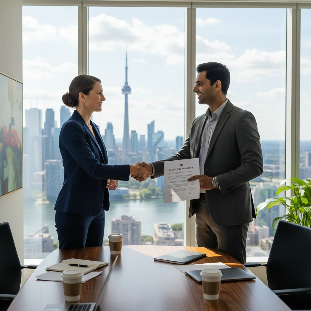 A photorealistic image of a professional business meeting in a modern Canadian corporate office, where a manager is discussing a promotion with an employee, symbolizing career advancement and justification for promotion in a corporate setting. The scene includes adults only, no children, with elements like maple leaf motifs subtly in the background to represent Canada.